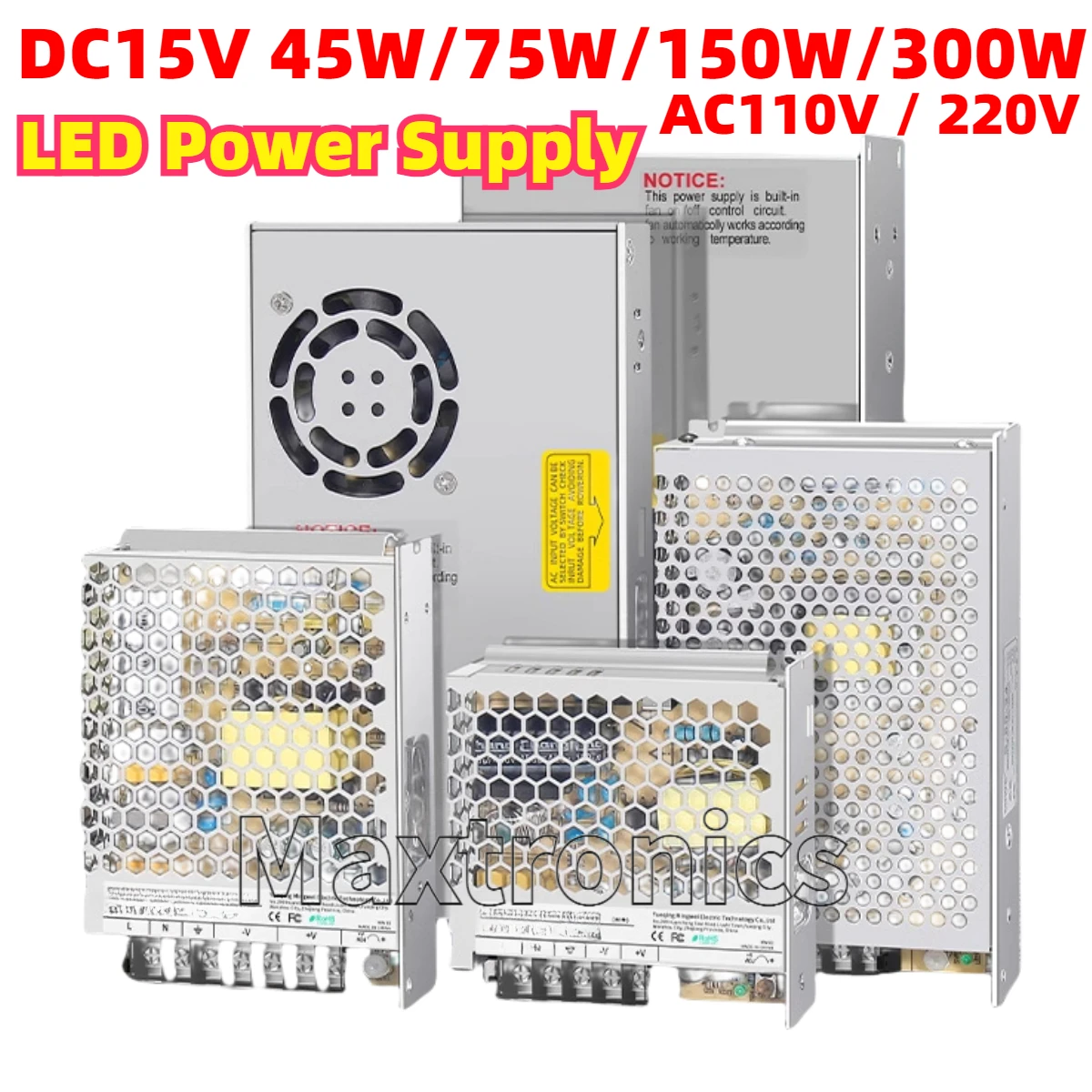 DC15V 45W 75W 150W 300W Switch Lighting Transformers Driver AC110V / 220V for Led Strip /LED Modules Light Power Adapter 15Volt