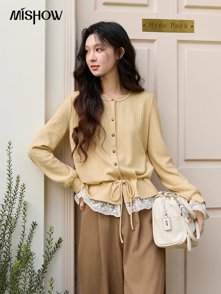 

Женский желтый кардиган MISHOW в рубчик с кружевной отделкой, тонкий вязаный свитер с завязками на талии, длинный рукав, повседневный топ MXF11Z2919