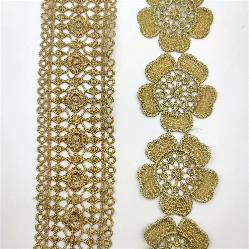 High Quality Gold Line Lace Trims Fabric Ribbon Embroidery Flowers lace Bilateral Hollowing Sewing Collar Trimmings