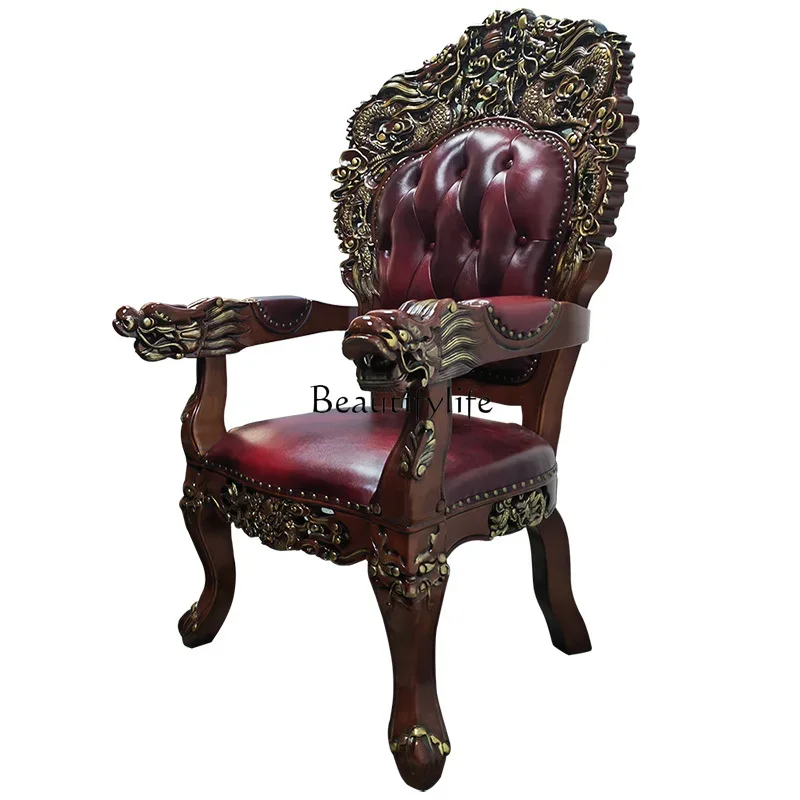 

02*Solid wood leather cowhide boss study armrest carved European back chair