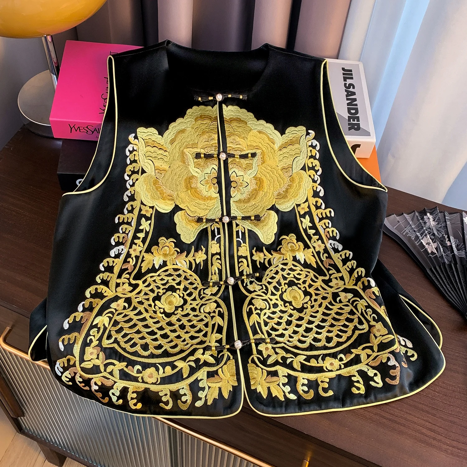 

Faionable Heavy Embroidery Acetate Vest Women's High-End Sensation National Trend Tang Costume Sli Open Cardigan oulder