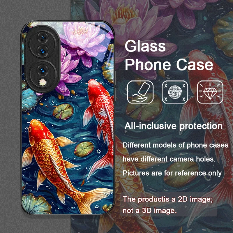 高級蓮の花鯉模様強化ガラス製スマホケース Huawei Honor 200 Lite 100 Pro 90 80 GT Magic 7 6 X8 X9対応