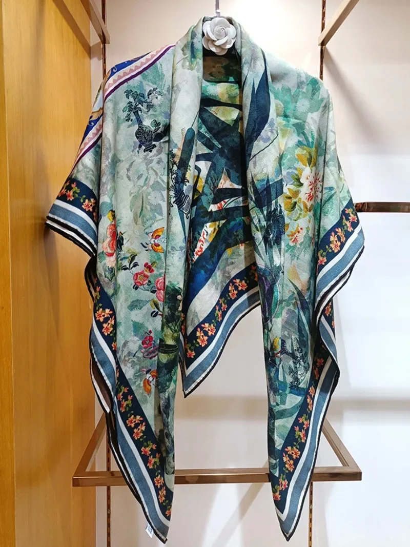 High-end Elegant Women's Exquisite Bamboo Double-sided Printed Quality Silk Wool Hand-rolled Edge Warm Large Scarf Shawl Wrap