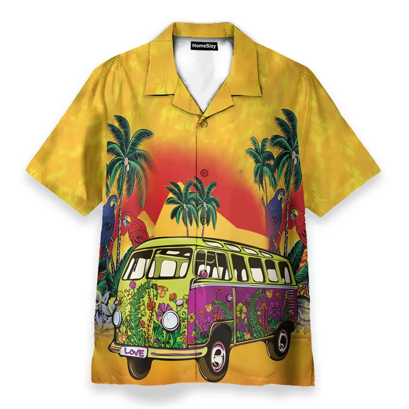 Men's Hawaiian Short Sleeve Shirt Vintage Hippie Van Coconut Tree Parrot Print Retro chic Casual Summer Beach Daily Top