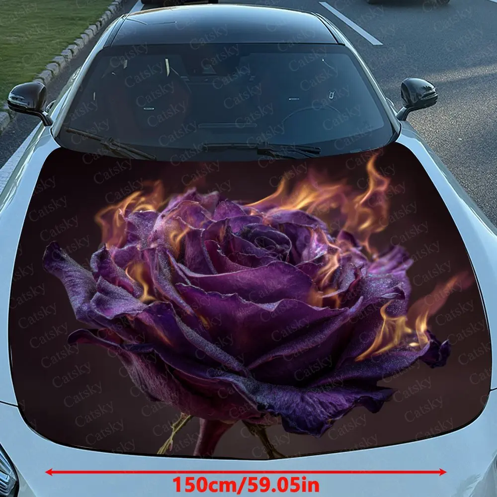 Burning Flame Purple Rose Car Hood Wrap Color Vinyl Sticker Truck Graphic Bonnet Auto Accessories Decoration Protect Decal Gift