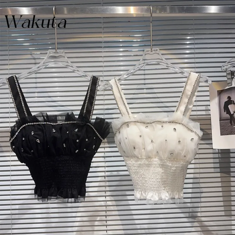 WAKUTA 2024 Fashion Patchwork Square Neck Sleeveless Particle Nail Bead Suspender Mesh Edge Chest Cushion Loose Vest Y2K Clothes