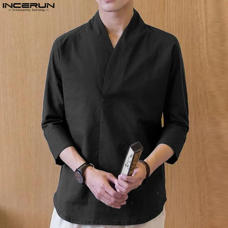 INCERUN Tops 2024 Korean Style Men\'s Solid Color Ethnic Style Shirts Casual Simple Male Well Fitting Short Sleeved Blouse S-5XL