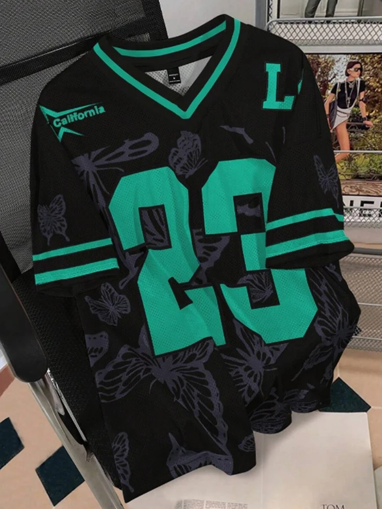 Summer Fashion Butterfly 23 Print TShirt For Women V-Neck Mesh Hole Short Sleeve Sports Football Jersey Y2K Loose Women Clothing