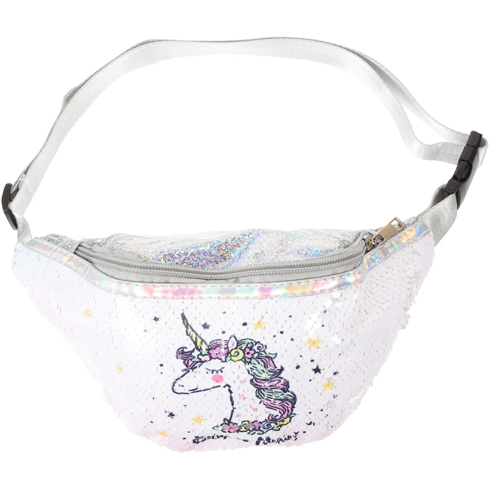 Unicorn Sequin White Waist Bag Sports Pack Adjustable Strap Chest Phone Pouch Cartoon Sequined Pocket Female Belt Bag Festival
