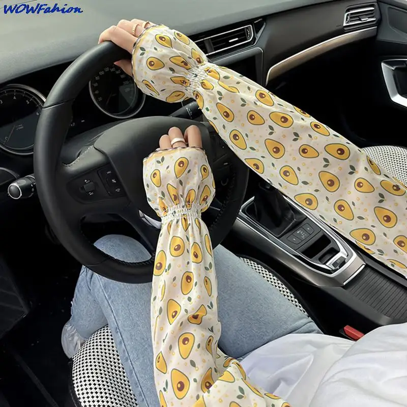 Loose Sunscreen Driving Ice Silk Fruit Print Sleeve Female Long Length Uv Protection Trumpet Sleeve Arm Arm Glove Ice Sleeve