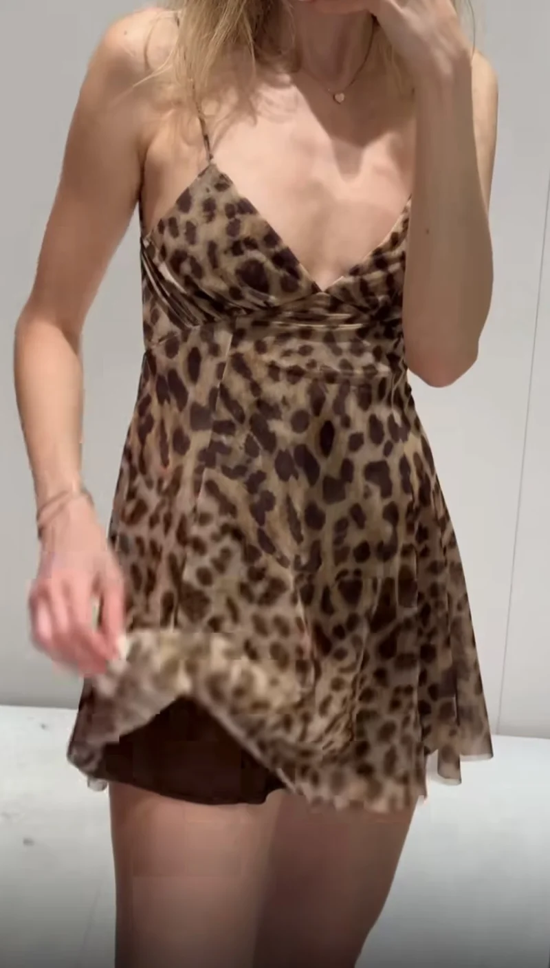 ETJ 2025 مجموعة الصيف الجديدة المرأة عطلة نمط مطبوعة شبكة حريرية مثير الخامس الرقبة الرسن فستان قصير فستان فتاة ساخنة