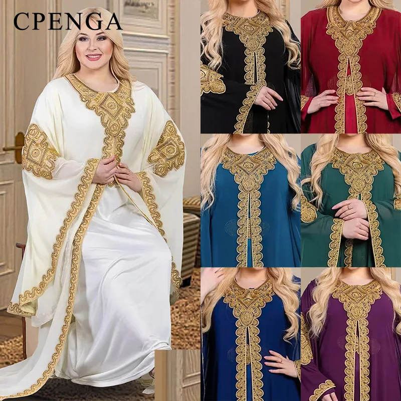 2023 New Jalabiya Muslim Women Embroidery Abaya Flare Sleeves Robe Gold Floral Dress Coat and Inner 2 Piece Sets Islam Clothing