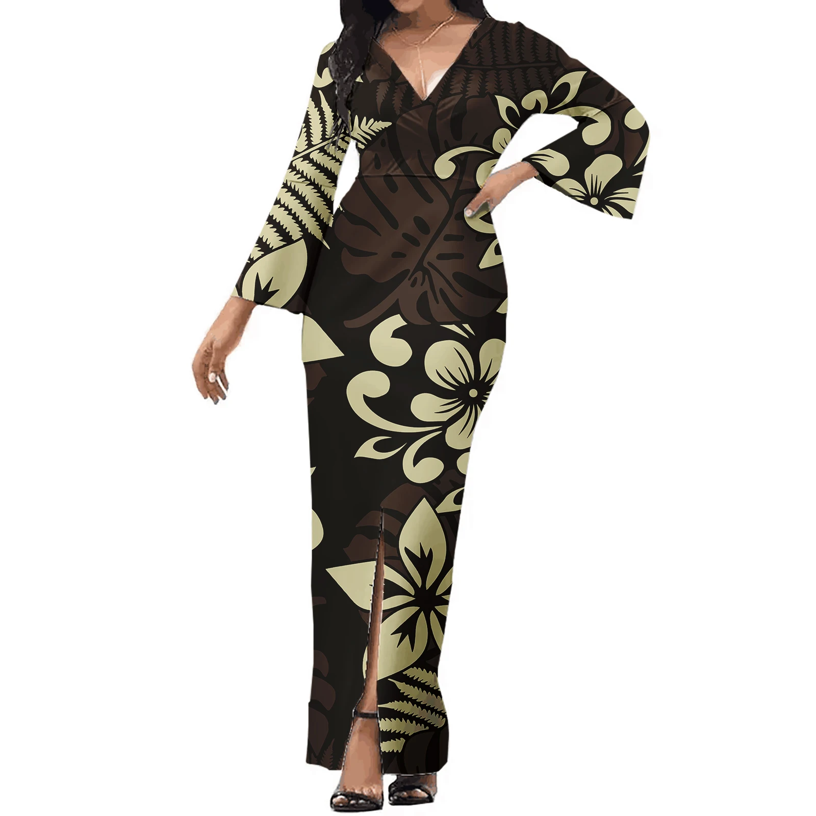 Print On Demand Long Sleeve Polynesian Dress Bodycon Formal Fall Trendy Night Plus Size Women\'s Hawaii Dresses