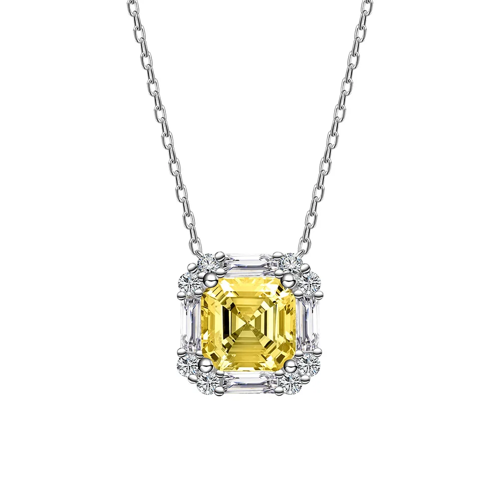 Zhenchengda 925 Pure Silver Yellow Diamond Necklace Women's Square Chamfer 7 * 7 High Carbon Diamond Collar