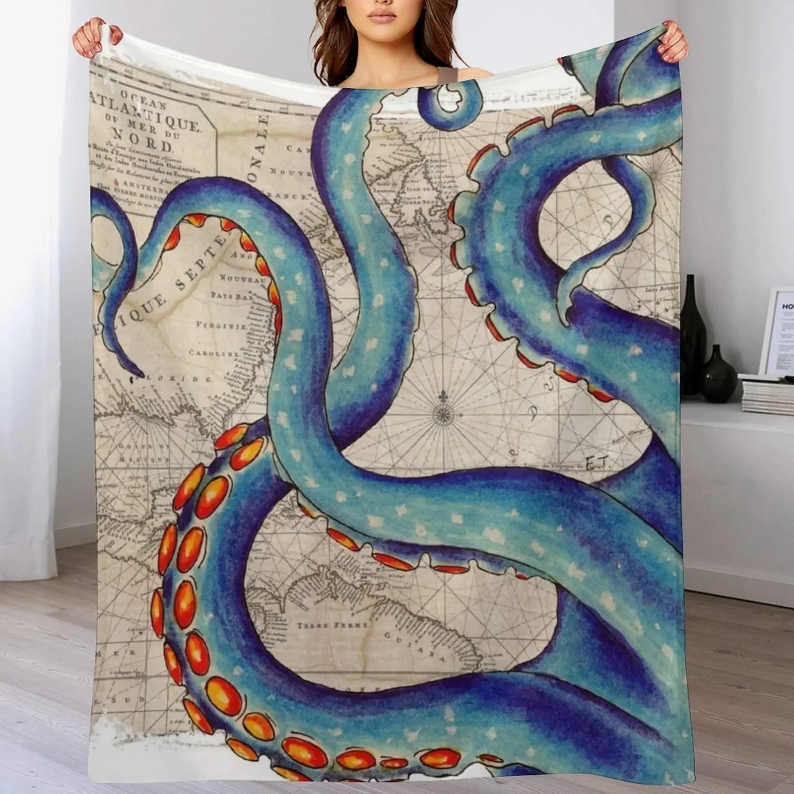 

Tentacles Vintage Map Octopus Kraken Shabby Chic Beach Throw Blanket Soft Polar Comforter Blankets