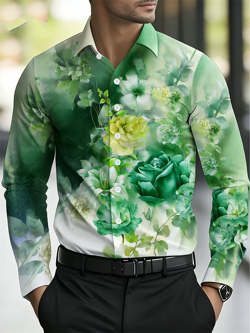 New men's retro floral plant 3D printed casual shirt long sleeved lapel button multi-color fashionable shirt top