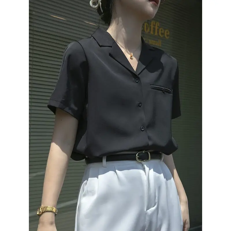 Camisa elegante de gasa negra para mujer, camisa holgada coreana de manga corta, estilo profesional, a la moda, novedad de ve...