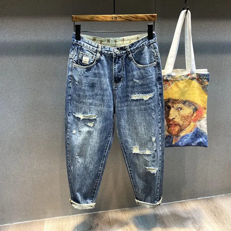 Summer thin and distressed beggar jeans pants men's trend loose fitting straight tube Harem cropped jeans spring and autumn 2023