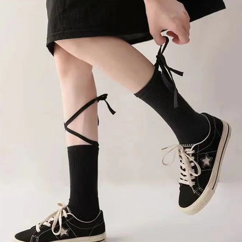 

Black Lace Up Long Sock for Students Sport Gym Women Knitted Stockings New Thigh Highs Stockings Sexy Woman Socks Lingerie White