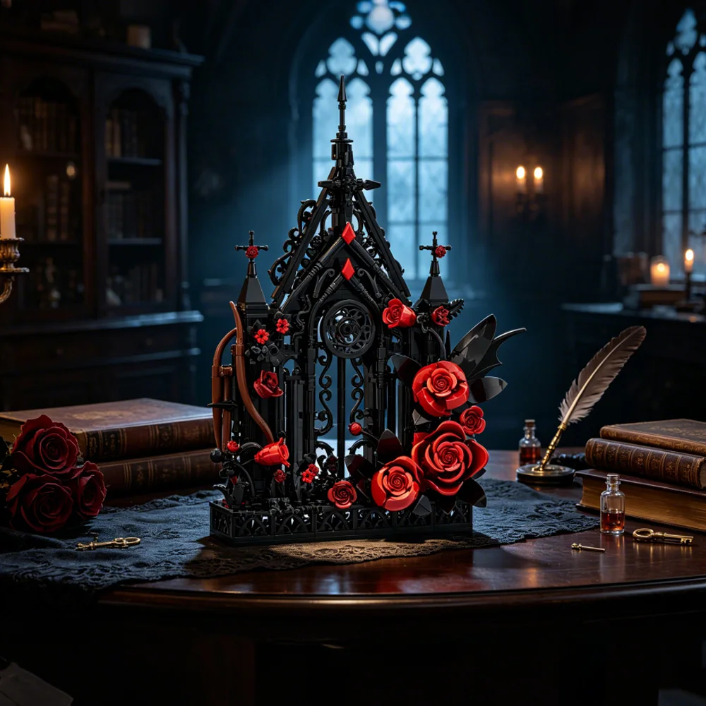 MOC Gothic Window Building Blocks Kit Romance Flower Iron Window Rose Bouquet Decor Bricks Toys Adult Gift
