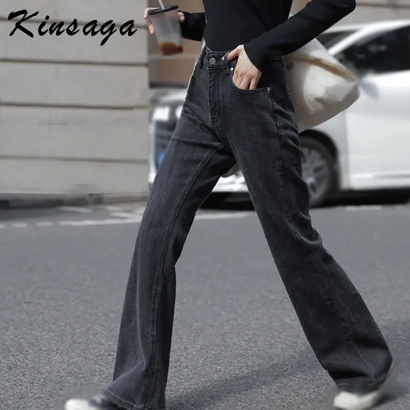 Kinsaga Black High Waist Straight Mirco Flare Jeans Women Korean Petite Girl Wide Leg Mopping Denim Pants Bell Bottom Trousers