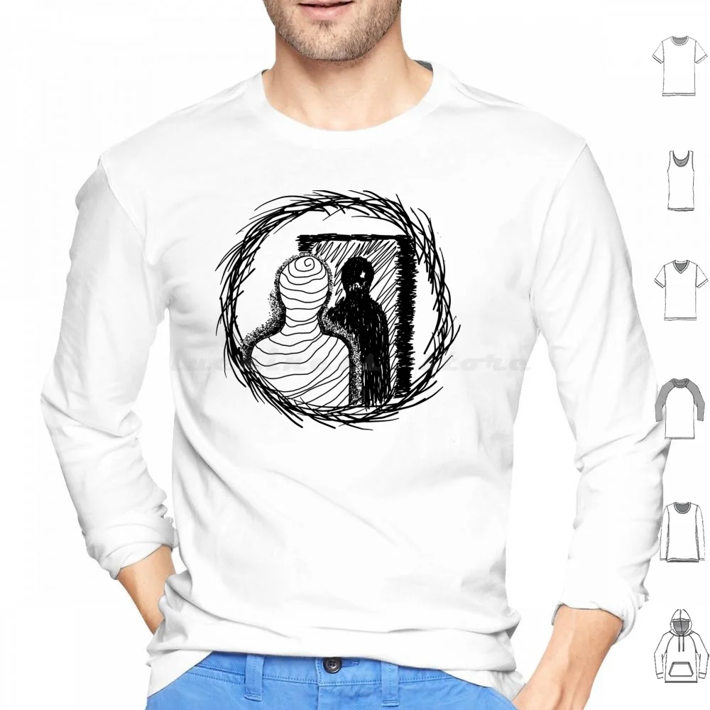 أنا، نفسي وأنا هوديس كم طويل رعب أسود أبيض أسود أبيض نفسك مرآة الباب تعكس النقش