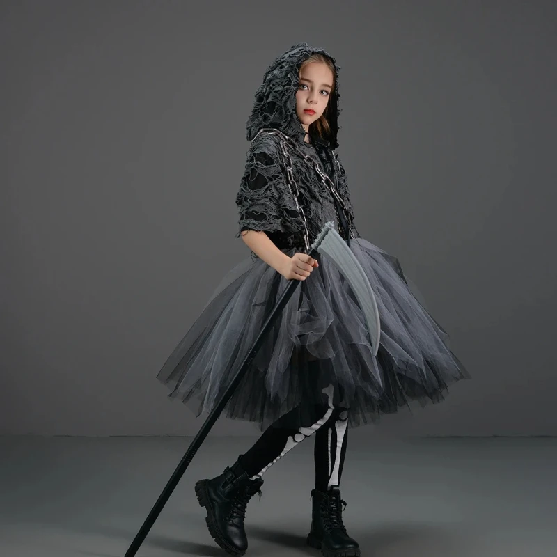 Eerie Soul Reaper Fluffy Layered Tulle Dress Full Cape Accessory Set Ideal for Halloween Parade Stage Scary Character Photoshoot