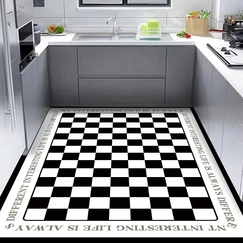 Kitchen Large Rug Leather Carpet Non-slip Pvc Floor Mat Waterproof Oil-proof Area Rugs Black and White Plaid Anti-slip Foot Mats