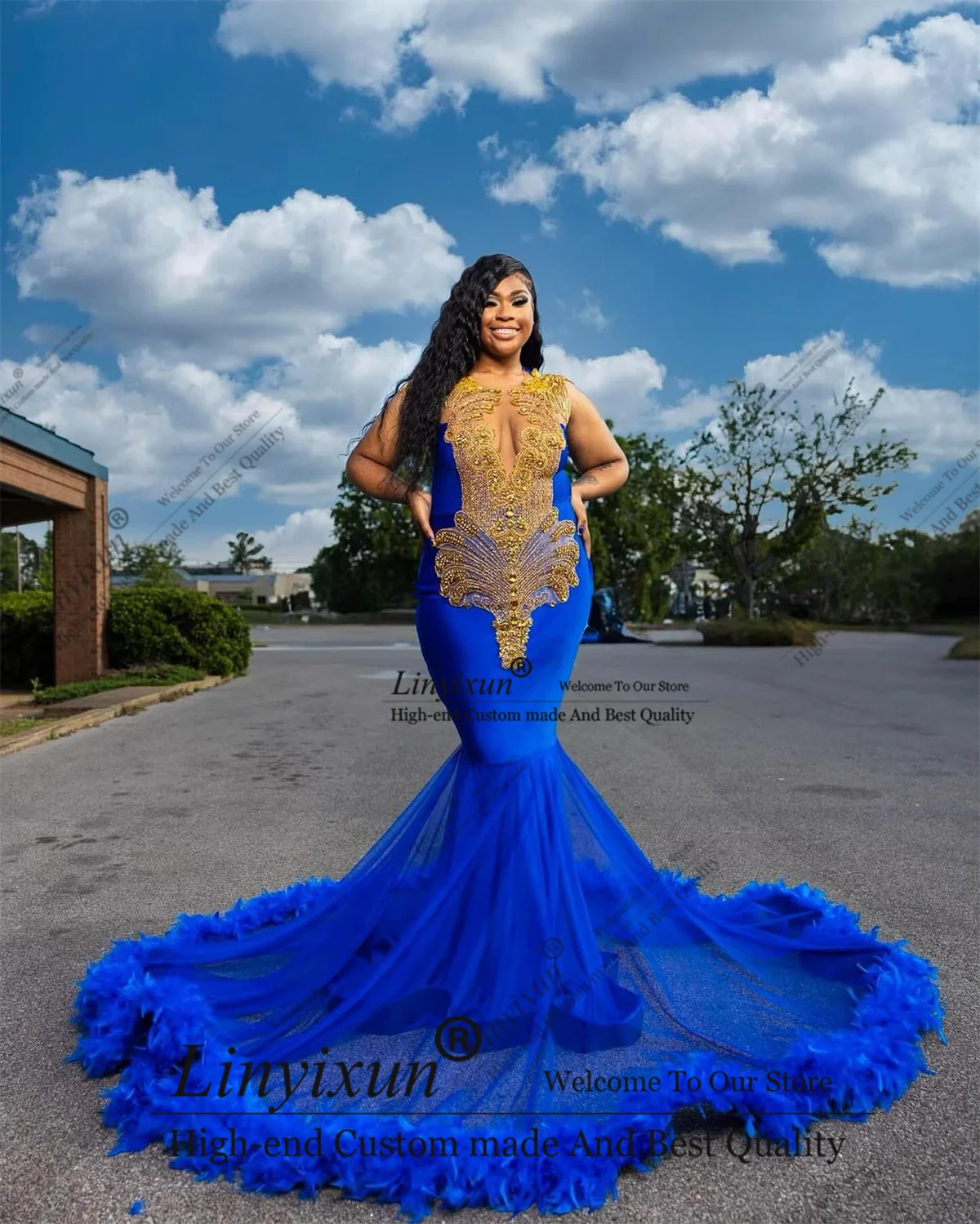 

Elegent Mermaid Prom Dress Crystal Gems Wedding Party Feathers Bead Birthday Party Gown For Black Girls Customized