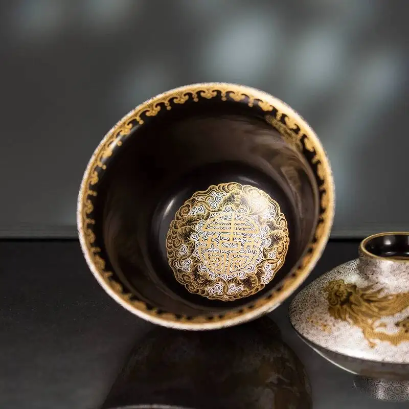 Holy Mountain High-End Pastel Black Gold Glaze Gold-Inlaid Five Dragon Jingdezhen Handmade Gaiwan Cup Tea Bowl