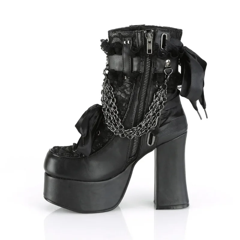 Gothic Style Chain Lace Up Bow Women Short Boots Retro Round Toe Square Heel Chunky Platform Ankle Boots Punk Ladies Party Shoes