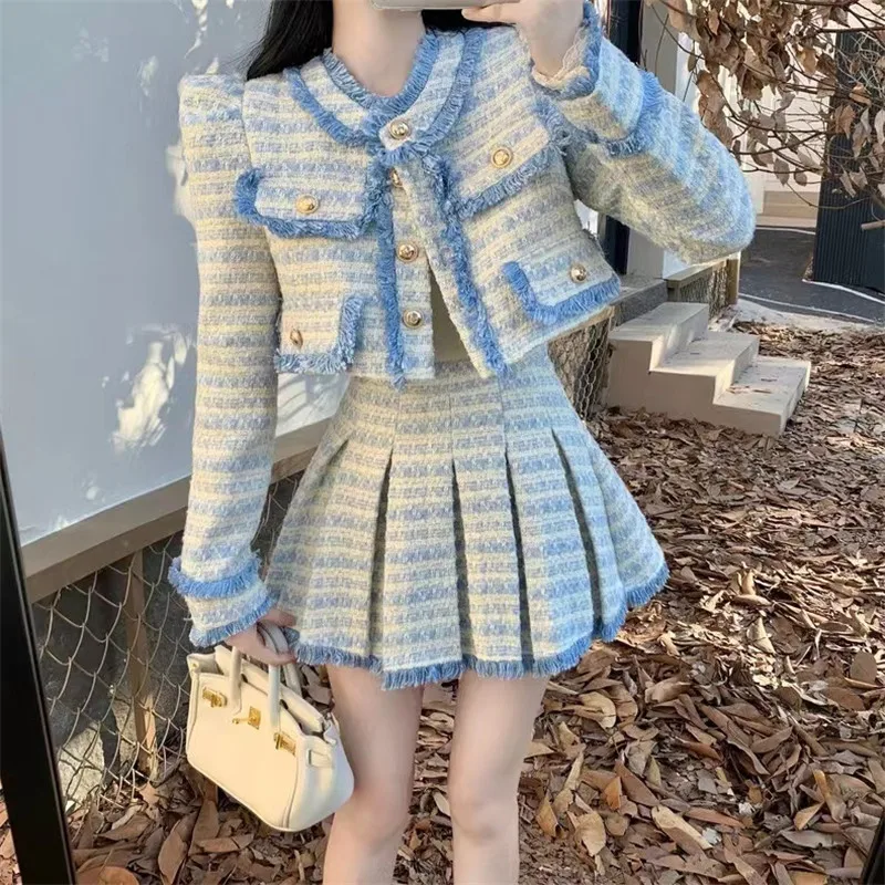 

New Spring Fall Elegant 2 Piece Sets Pink Blue Two Piece O Neck Tassel Short Tweed Jacket&High Waist Pleated Mini Skirt Suits