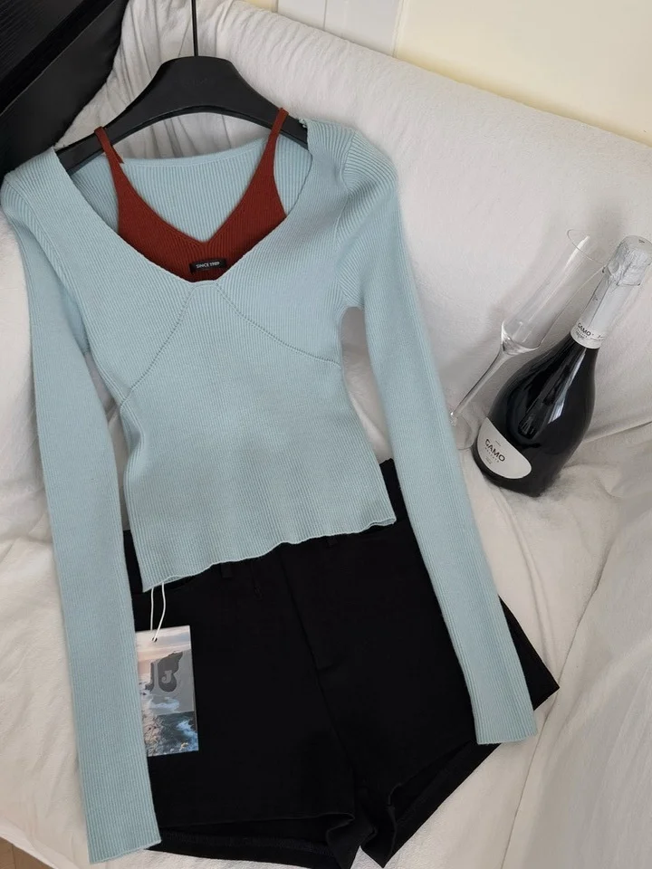 

Облегающий вязаный длинный свеч V-Ne с вырезами на бретелях, дизайн Pure Desire Sle, женский топ, корейский свитер длиной до пола