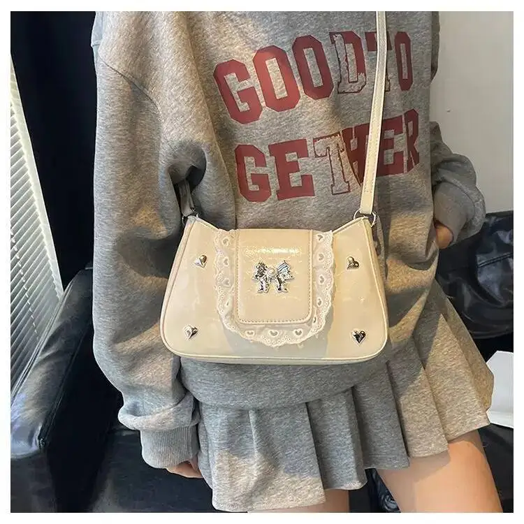 Bloom Hot Girls Lace Bow Black Shoulder Women Haruku Sweet Cute Leather Crossbody Bags Ladies Ballet Style Y2k Handbag