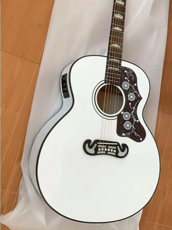 In stock New Arrival J200 Acoustic Electric Guitar SJ200 Bone Nut/Saddle In White 08.02