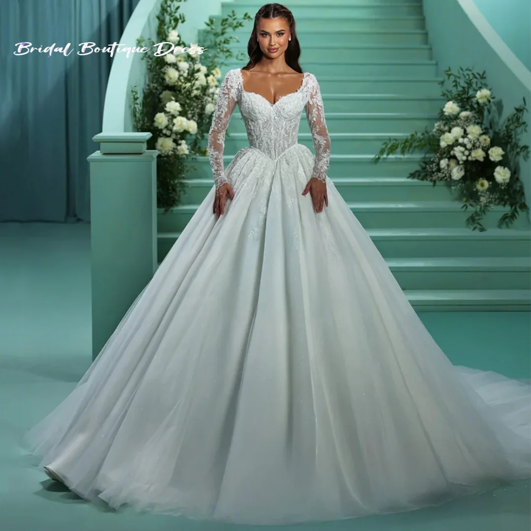 Splendido abito da sposa personalizzato maniche lunghe perline paillettes applique in pizzo Sweep Train abito da sposa per la sposa Vestido De No