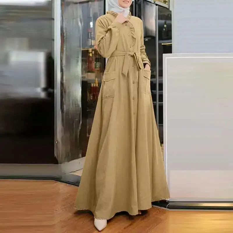 

2025 New Muslim Arabian Style Solid Stand Collar Long Sleeve Waist Slim Dress Robe Abaya Ramadan Dubai Luxury Islam Elegant