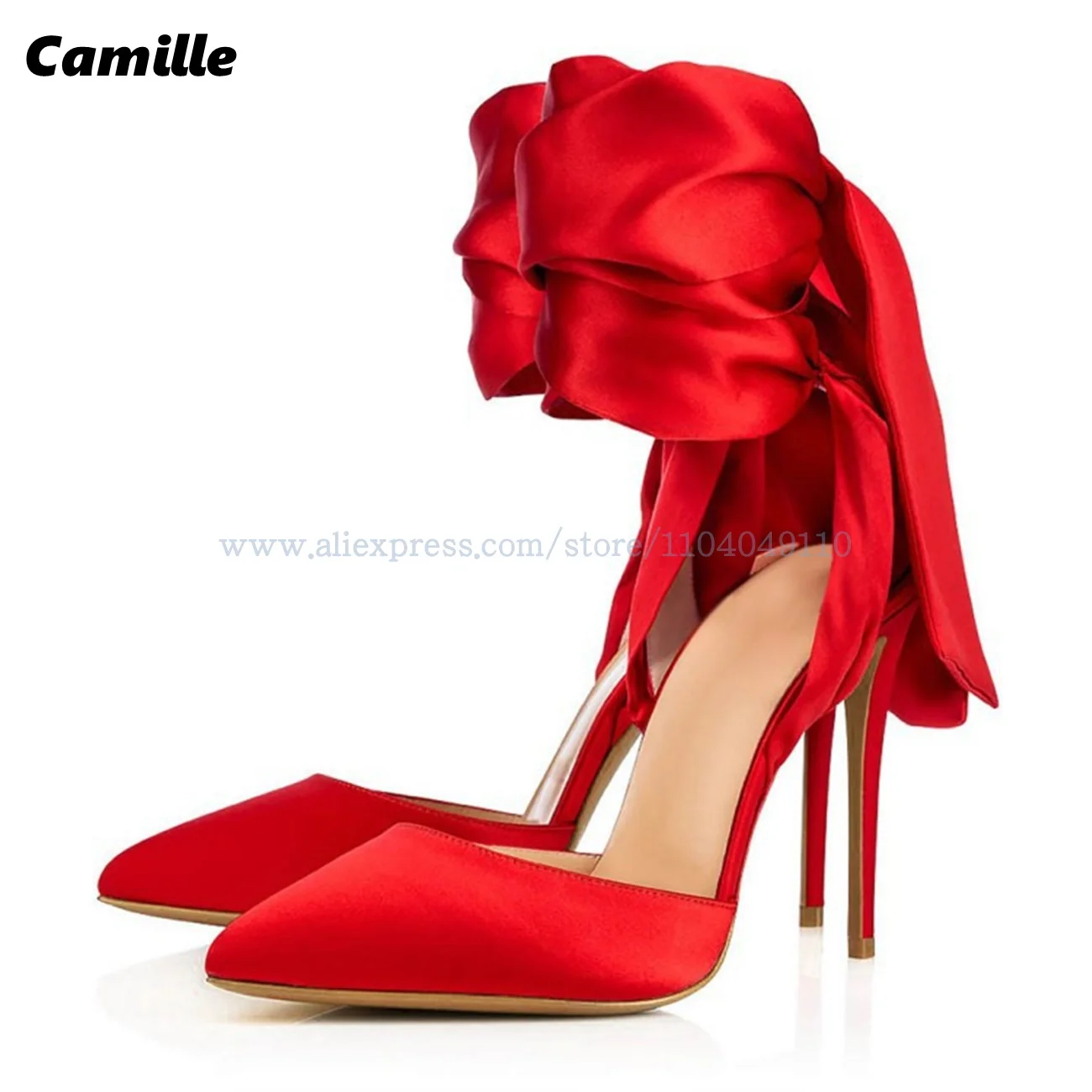 Solid Back Bow Knot Ankle Silk Strap Shallow Stiletto High Heels Catwalk Style Luxury Party Pumps Size 35-46 Grace Lady Shoe