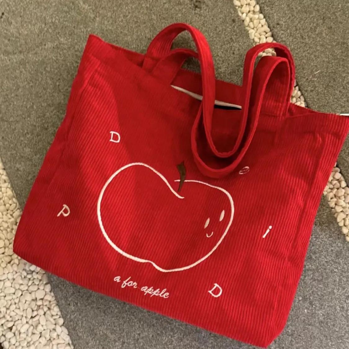Women Red Corduroy Tote Bag Cute Apple Embroidery Large Capacity Shoulder Handbag Casual School Shopping Bag