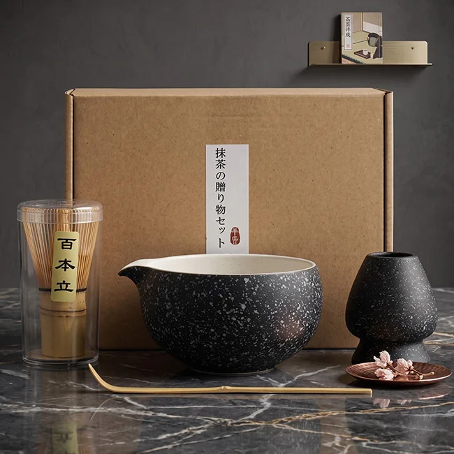 Traditional Japanese Matcha Tea Ceremony Set Ceramic Matcha Bowl, Bamboo Whisk, Scoop Holder in Matte Black Gray, Ideal for Home Brewing and Gift Giving
