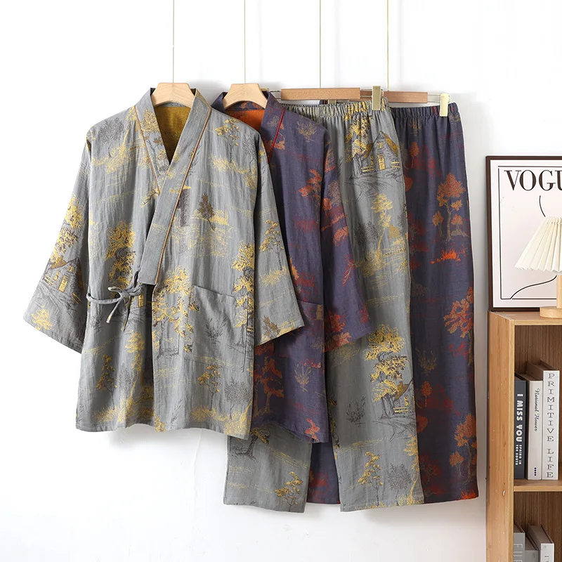 Japanese Kimono Style Spring Autumn Yarn-dyed Jacquard Cotton Pajamas Set Man Vintage Robes with Long Pants Loose Sleepwear