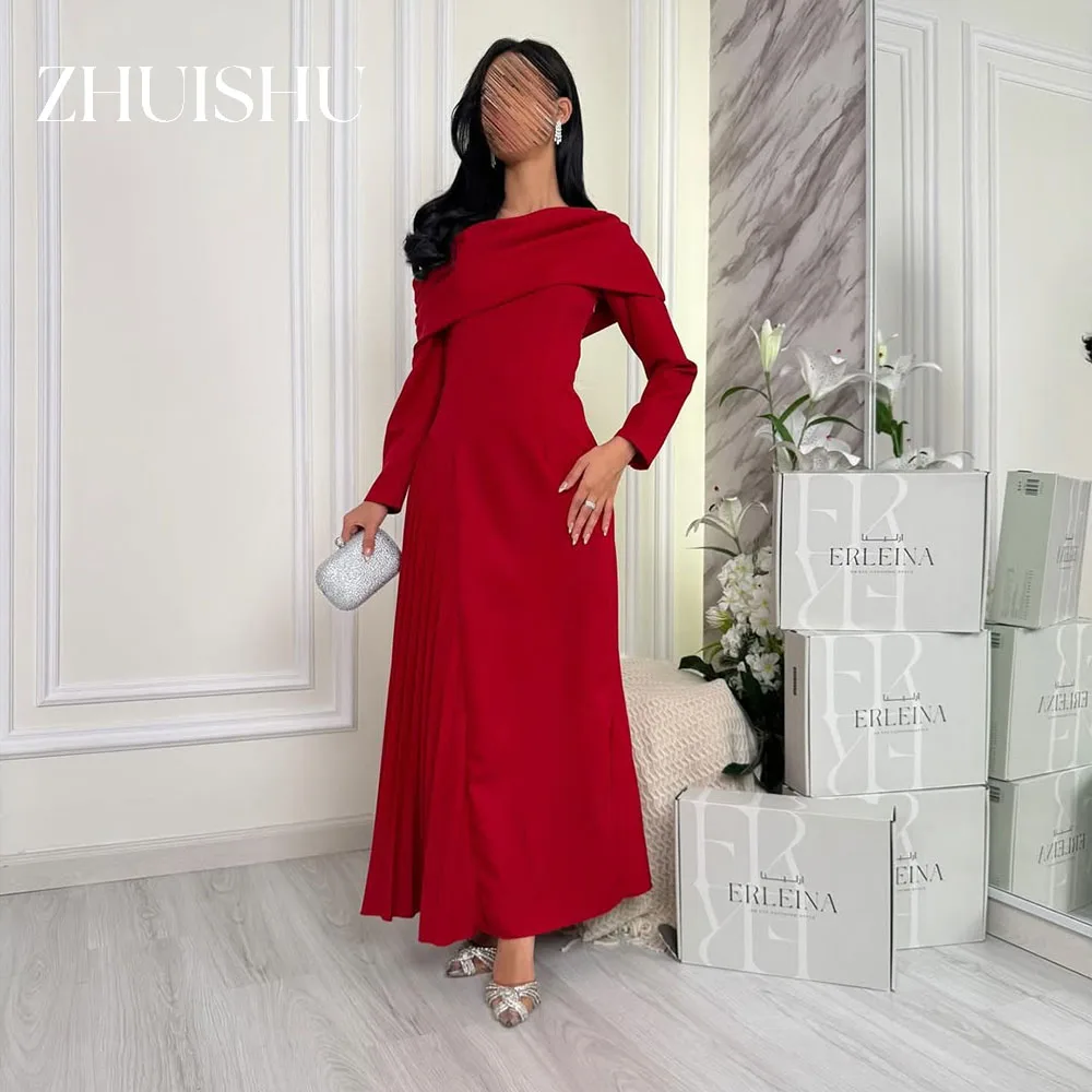 

ZHUISHU Red Saudi Prom Dresses for Special Occasion Boat Neck Long Sleeves Side Pleated Party Dresses Customized Ankle-Length
