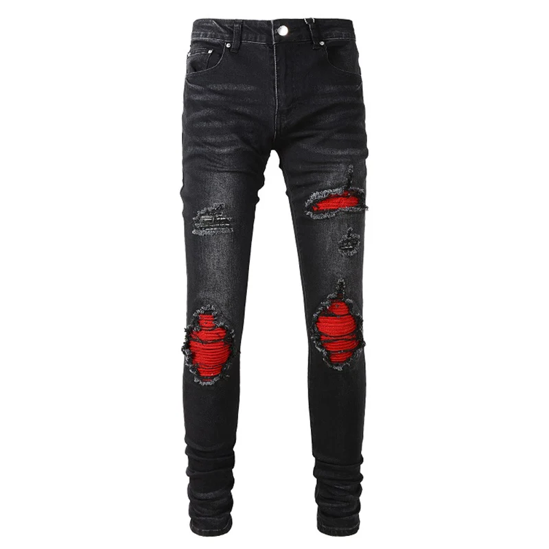 Men\'s Cracked Red Pleated Patch Biker Jeans Streetwear Patchwork Stretch Denim Pants Skinny Tapered Black Trousers