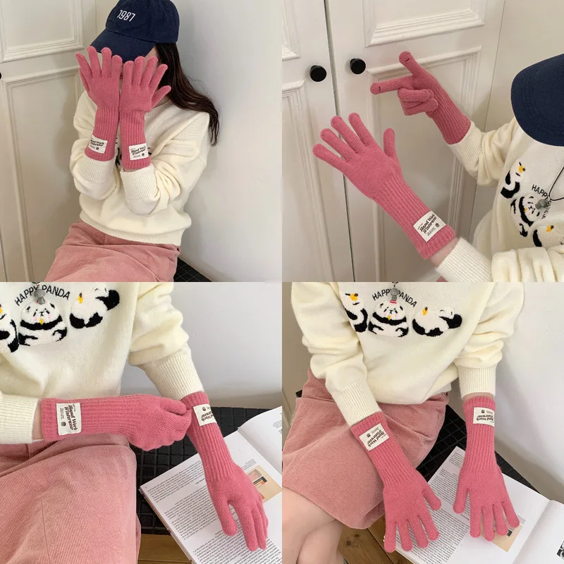 

Winter Warm Knitted Long Touchscreen Gloves Five-Finger Cycling Windproof Fashionable Korean Style Pure Color Unisex Gloves