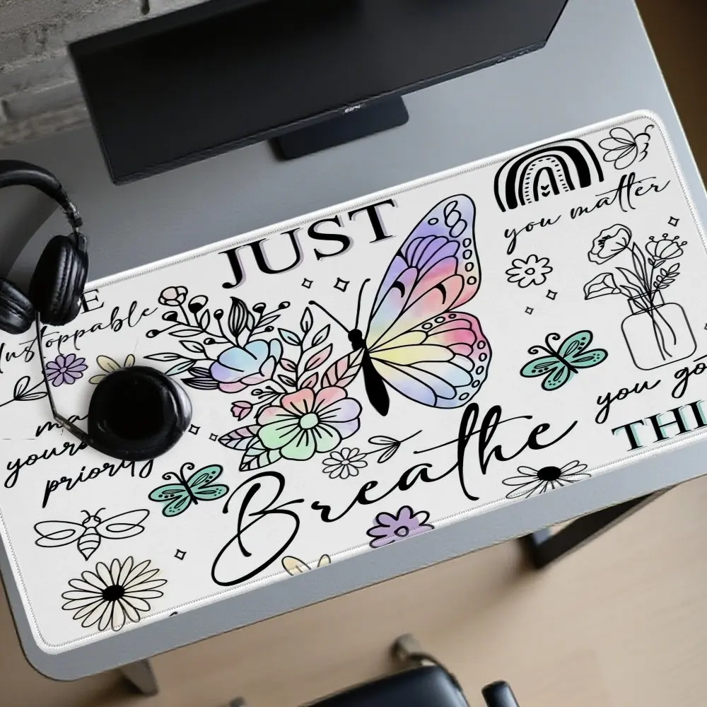 Inspirational Butterfly Just Breathe Desk Mat Rubber Gaming Mouse Pad Large Aesthetic Office Mat
