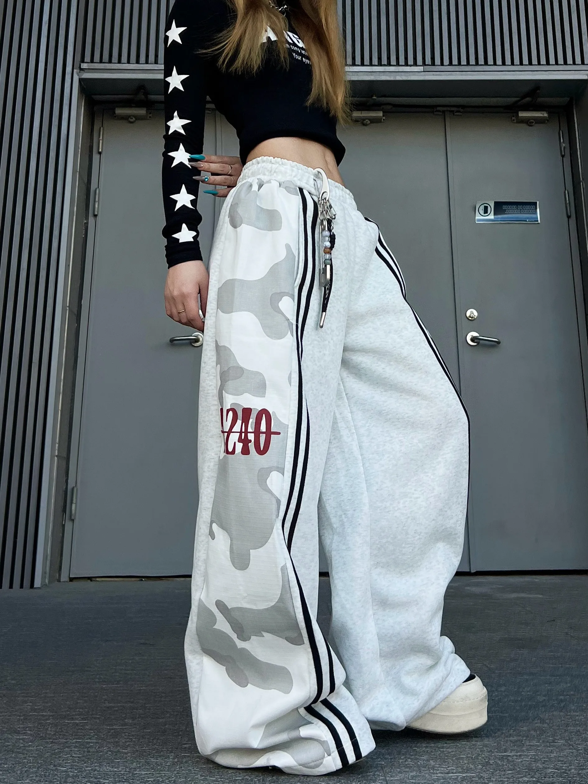 

American Street Sle Camouflage Stripe Wide Leg Loose Casual Pants TR BRUIFT Casual Loose Fit Trousers with kets