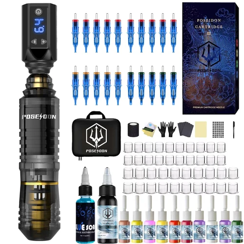 Kit de tatuaje POSEIDON, Kit de pluma de tatuaje transparente para maquillaje permanente, Kit de máquina de tatuaje, fuente de alimentación inalámbrica para tatuaje, pistola de tatuaje