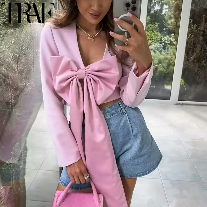 

TRAF 2024 Bow Cropped Pink Blazer Woman Pleated Autumn Long Sleeve Blazer Casual Solid Short Blazer Elegant Women's Jackets