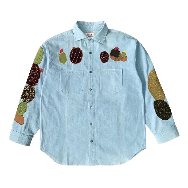 Kapital Kountry Chambray Work Cactus Embroidery Vintage Denim Long Sleeve Shirt for Men New Arrival