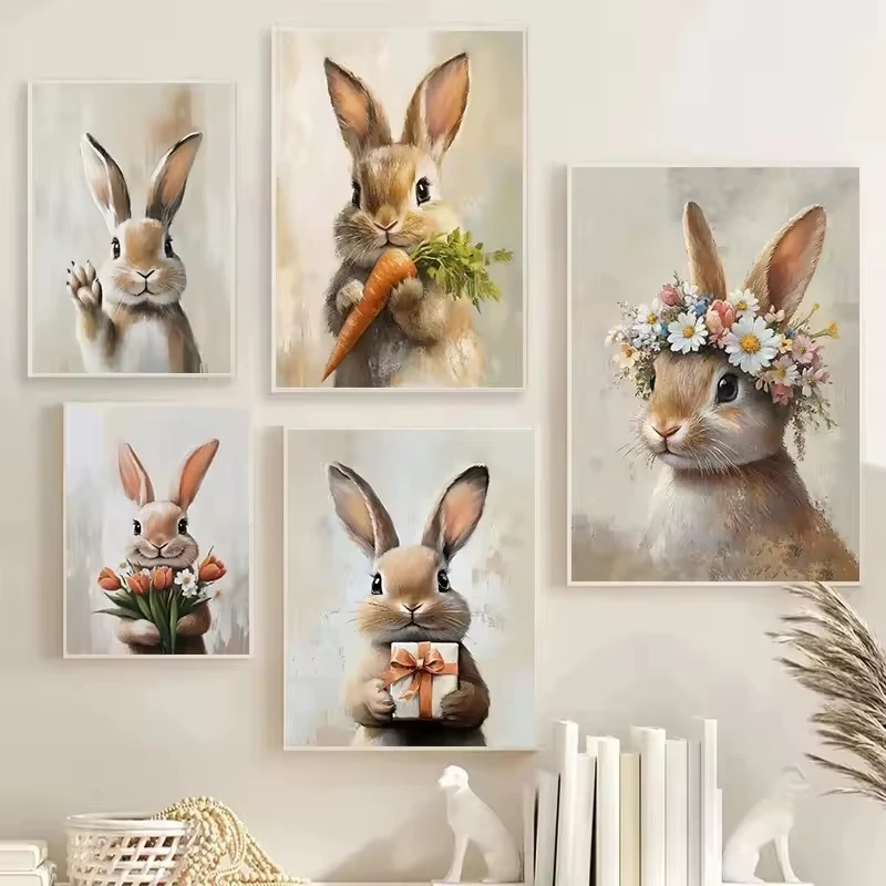 Vintage Niedlicher Osterhase Frühlingsblumen Tier Kaninchen Karotte Kunstposter Leinwanddruck Wandbilder für Zimmer Heimdekoration